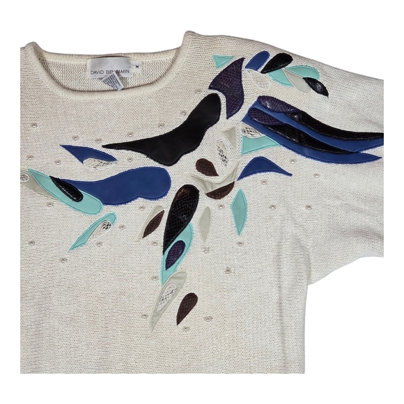 VINTAGE DAVID BENJAMIN 80s Appliqué Sweater | M | Cream Abstract | Beaded Artsy - Picture 3 of 11